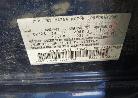 2008 Mazda Mazda3 I Touring Value from USA, damaged, VIN JM1BK32G981118620